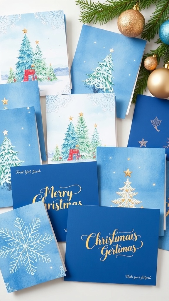 Creative Blue Christmas Card Ideas A collection of blue Christmas cards with different designs on a festive background.